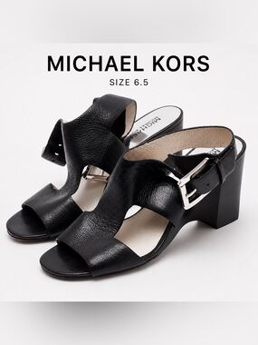 Michael Kors Black Leather Block Heel Sandals 6.5M
